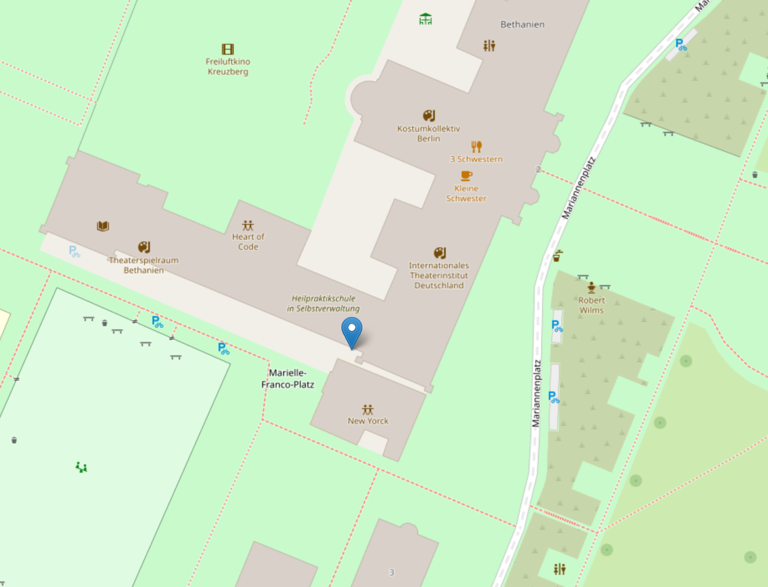 Screenshot von OpenStreetMap, der den Eingang des Gebäudes markiert.