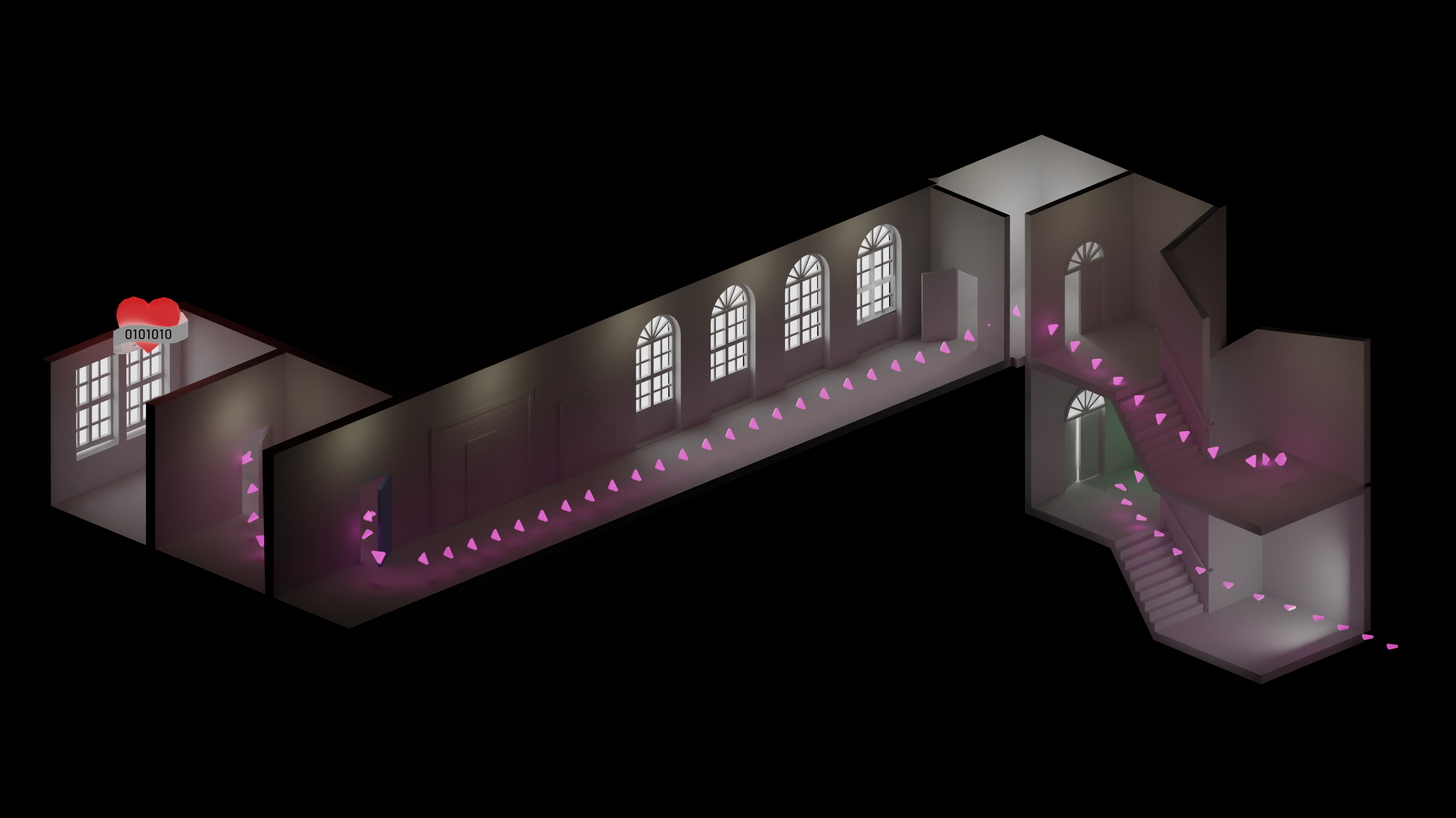 Ein 3D Modell, dass den Weg zum Raum beschreibt. Eine rosa Linie zieht sich von der Tür, über die Treppen durch einen längeren Gang bis zum Raum.